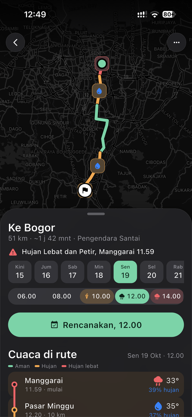 Cuaca sepanjang rute dan jam berangkat